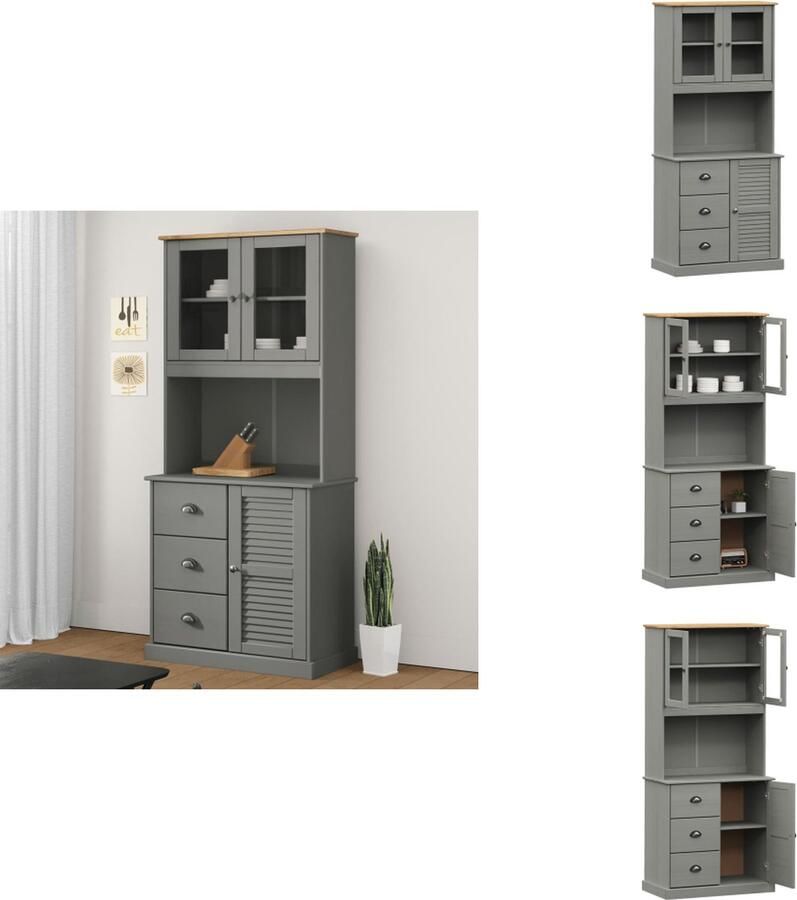 VidaXL Hoge Kast Hoge Kasten Dressoir Buffetkast Hoge kast VIGO 78x40x175 cm massief grenenhout grijs