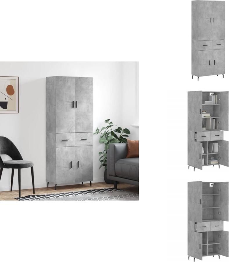 VidaXL Hoge Kast Betongrijs Bewerkt hout en metaal 69.5 x 34 x 180 cm Inclusief 1 x dressoir 1 x opzetkast Keukenkast