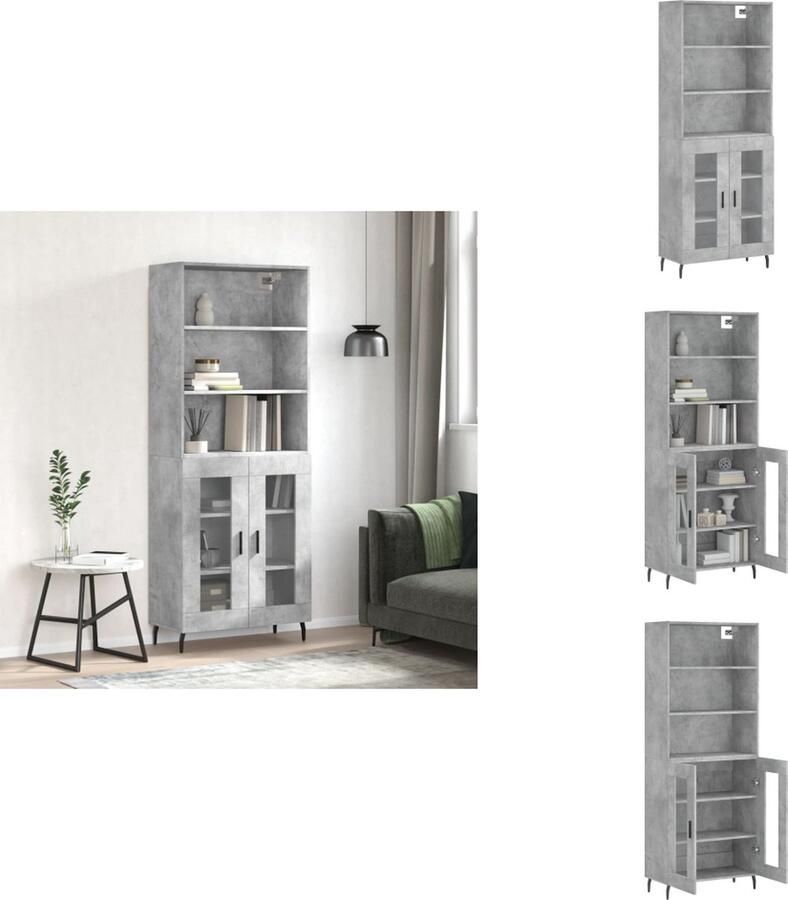 VidaXL Hoge kast betongrijs 69.5 x 34 x 180 cm Duurzaam materiaal voldoende opbergruimte praktische deuren metalen voeten Keukenkast