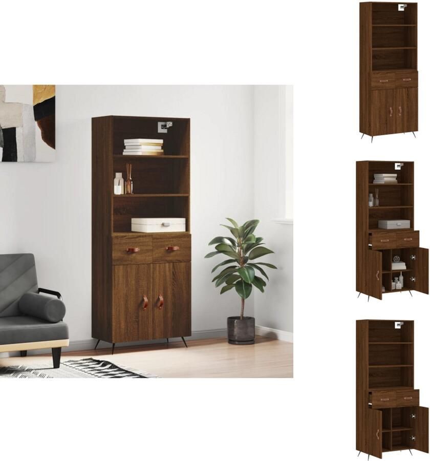 VidaXL Hoge Kast Bruineiken Dressoir Opzetkast 69.5 x 34 x 180 cm Montage vereist inclusief 1x Dressoir 1x Opzetkast Keukenkast - Foto 3