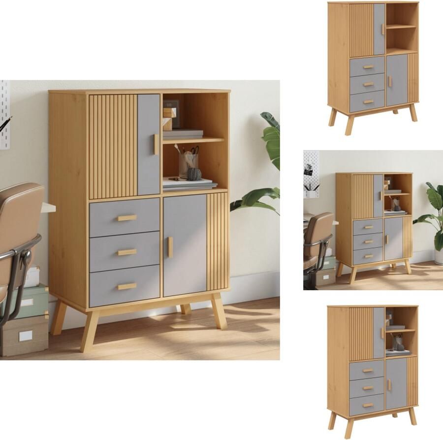 VidaXL Hoge Kast Hoge Kasten Hoog Dressoir Hoge Kast Woonkamer Hoge kast OLDEN 85x43x125 cm massief grenenhout grijs en bruin
