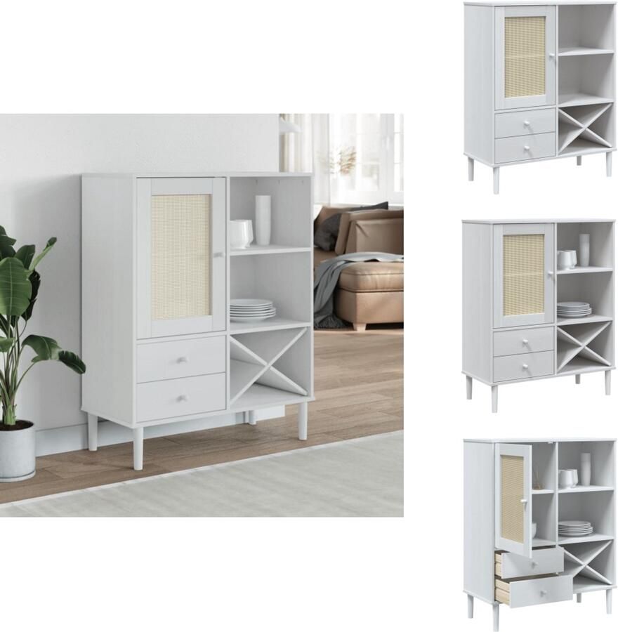 VidaXL Hoge Kast Hoge Kasten Houten Kast Opbergkast Hoge kast SENJA 90x40x112 cm rattan look massief grenenhout wit