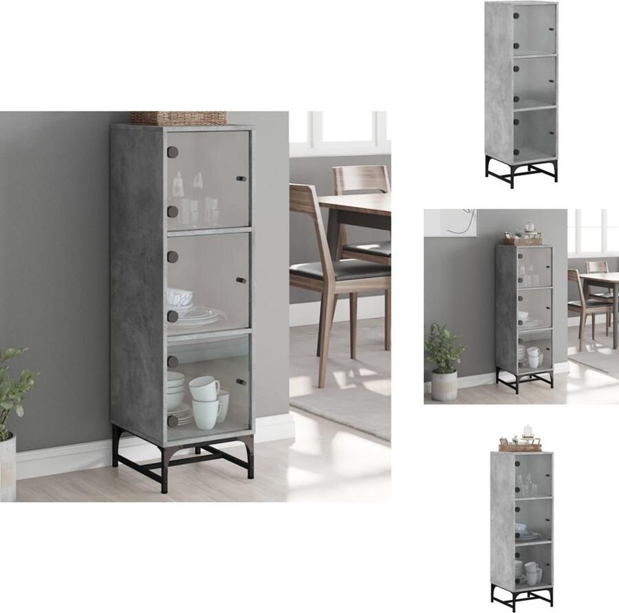 VidaXL Hoge Kast Hoge Kasten Opbergrek Hoge Opbergkast Hoge kast met glazen deuren 35x37x120 cm betongrijs