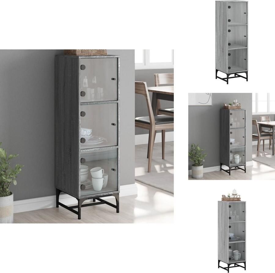 VidaXL Hoge Kast Hoge Kasten Opbergrek Hoge Opbergkast Hoge kast met glazen deuren 35x37x120 cm grijs sonoma eiken