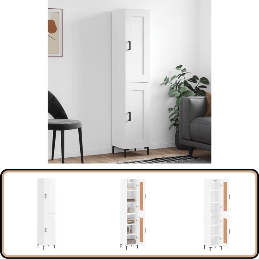 VidaXL Hoge kast Hoogglans wit 180 cm Bewerkte hout Hoge Kast Dressoir Buffetkast Opslagoplossing Keukenmeubel - Foto 2