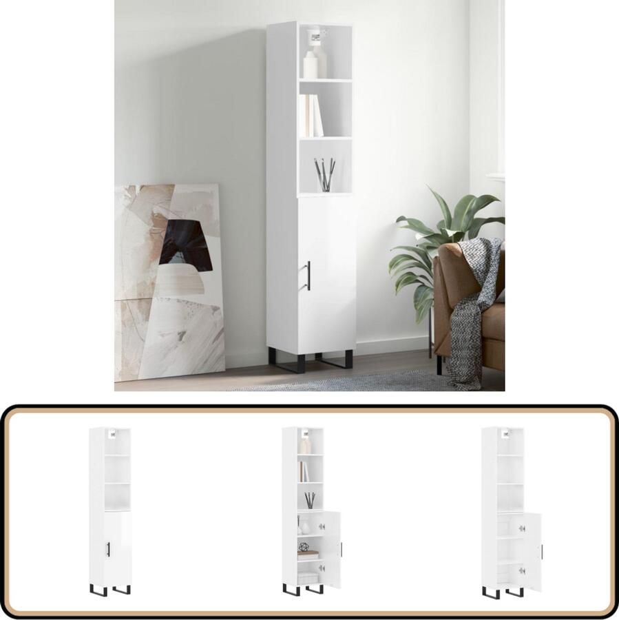 VidaXL Hoge Kast Hoogglans Wit 34 5x34x180 cm Hoge Kast Dressoir Buffetkast Opbergkast Witte Kast