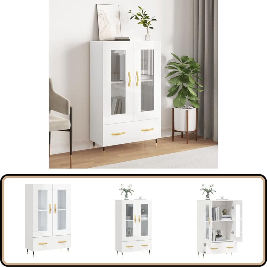 VidaXL Hoge kast Hoogglans Wit 69 5x31x115 cm Hoge Kast Dressoir Buffetkast Keukenmeubels Woonkamerinrichting - Foto 2