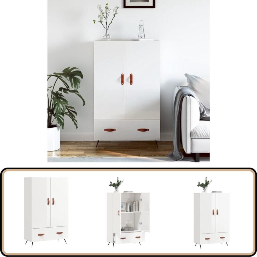 VidaXL Hoge kast Hoogglans wit Bewerkte hout Hoge Kast Dressoir Buffetcask Witte Kast Houten Kast - Foto 2