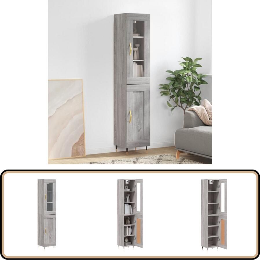 VidaXL Hoge kast Hout en glas Grijs Sonoma Eiken Hoge Kast Dressoir Buffetkast Opbergkast Grijze Kast