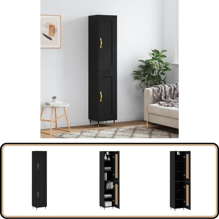 VidaXL Hoge kast Hout & Metaal Zwart 180 cm Hoge Kast Houten Kast Zwarte Kast Opbergkast Woonkamerkast