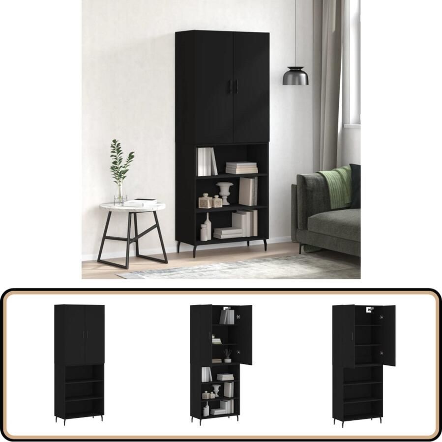 VidaXL Hoge kast Hout en metaal Zwart 180cm Hoge Kast Boekenkast Opbergkast Houten Kast Zwarte Kast - Foto 2