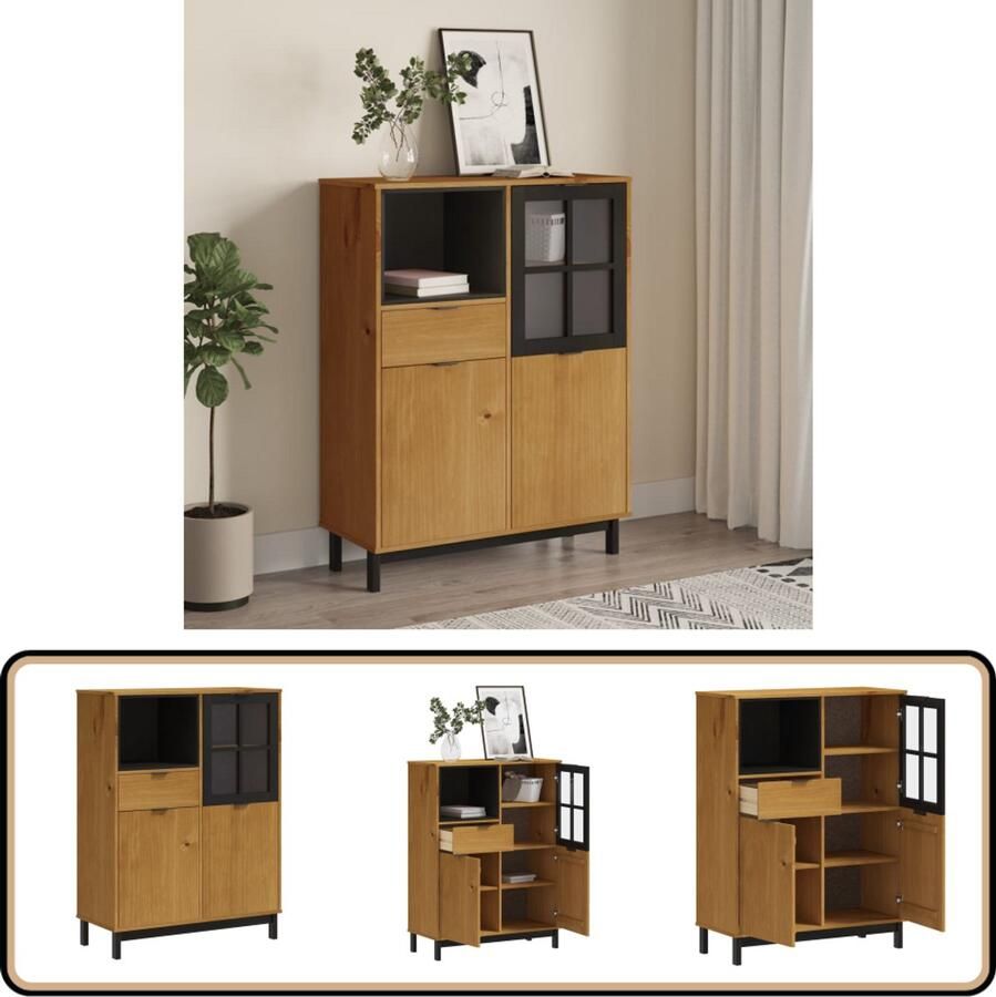 VidaXL Hoge Kast FLAM Grenenhout & Glazen Deur Hoge Kast Boekenkast Opslagoplossing Eiken Kleur Grenenhout