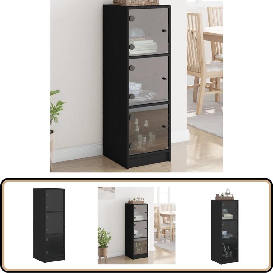 VidaXL Hoge kast met glazen deuren Zwart Hoge Kast Houten Kast Vitrinekast Opbergkast Kast Met Glazen Deuren