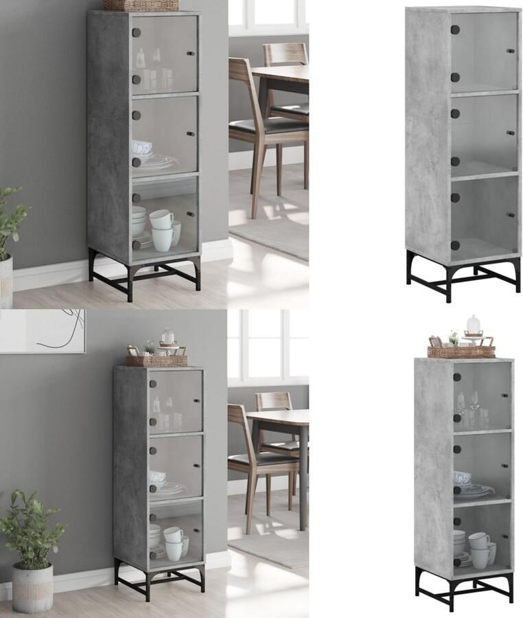 VidaXL Hoge kast met glazen deuren 35x37x120 cm betongrijs Hoge Kast Hoge Kasten Opbergrek Hoge Opbergkast