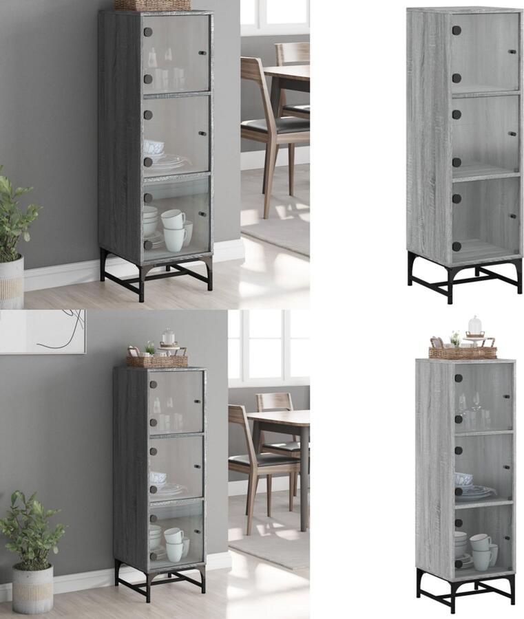 VidaXL Hoge kast met glazen deuren 35x37x120 cm grijs sonoma eiken Hoge Kast Hoge Kasten Opbergrek Hoge Opbergkast