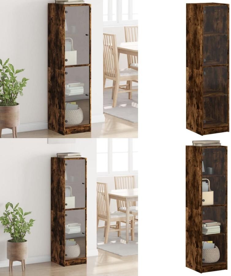 VidaXL Hoge kast met glazen deuren 35x37x142 cm gerookt eikenkleurig Hoge Kast Hoge Kasten Opbergrek Hoge Opbergkast