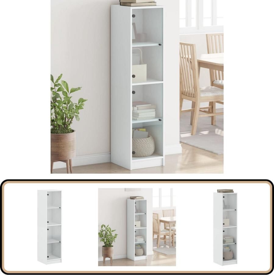 VidaXL Hoge kast Glazen deuren Wit 142 cm Trendy Kast Hoge Kast Houten Kast Vitrinekast Opbergkast