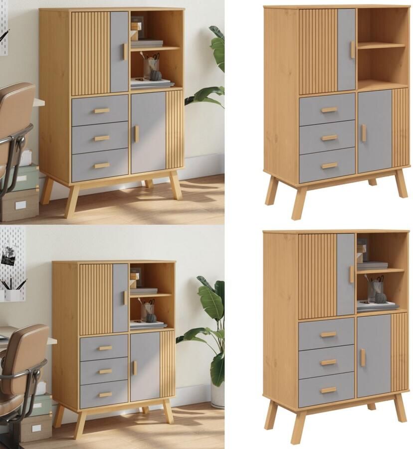 VidaXL Hoge kast OLDEN 85x43x125 cm massief grenenhout grijs en bruin Hoge Kast Hoge Kasten Hoog Dressoir Hoge Kast Woonkamer