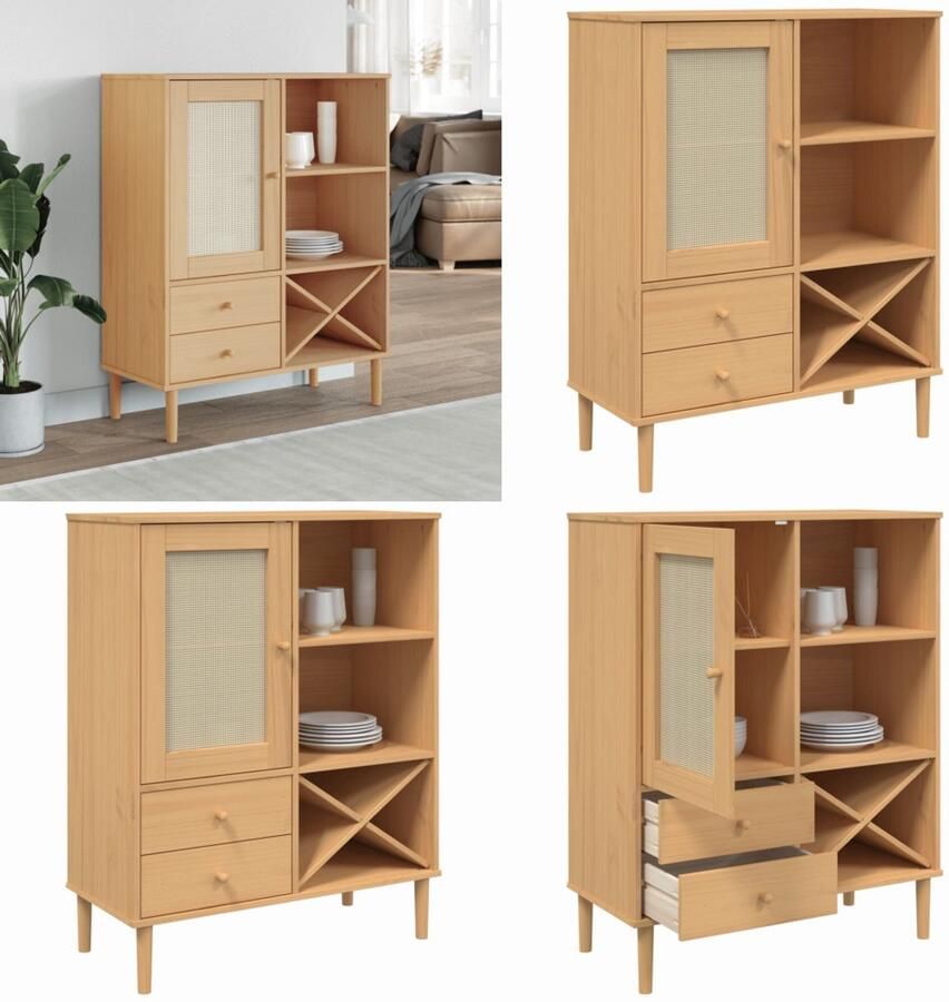 VidaXL Hoge kast SENJA 90x40x112 cm rattan look grenenhout bruin Hoge Kast Hoge Kasten Houten Kast Opbergkast