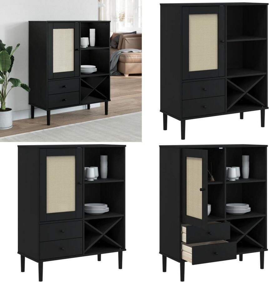 VidaXL Hoge kast SENJA 90x40x112 cm rattan look grenenhout zwart Hoge Kast Hoge Kasten Houten Kast Opbergkast