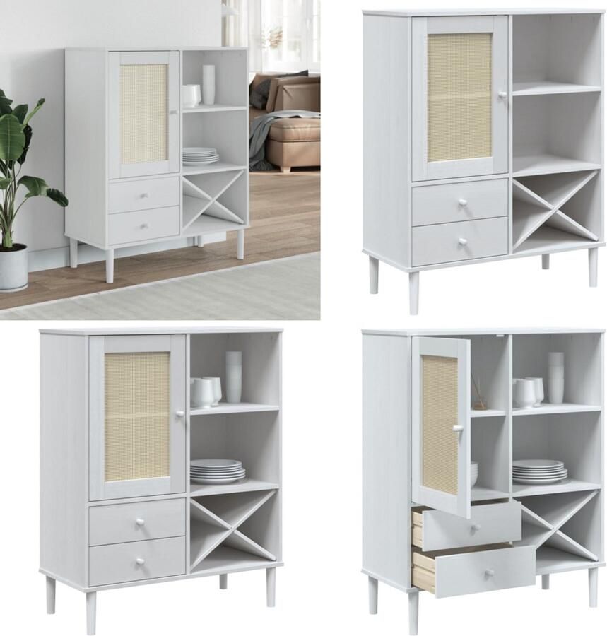 VidaXL Hoge kast SENJA 90x40x112 cm rattan look massief grenenhout wit Hoge Kast Hoge Kasten Houten Kast Opbergkast