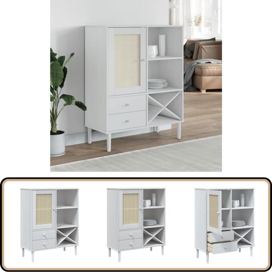 VidaXL Hoge kast SENJA 90x40x112 cm Wit Rattan Look Hoge Kast Houten Kast Grenenhout Kast Opbergkast Tv Kast - Foto 2