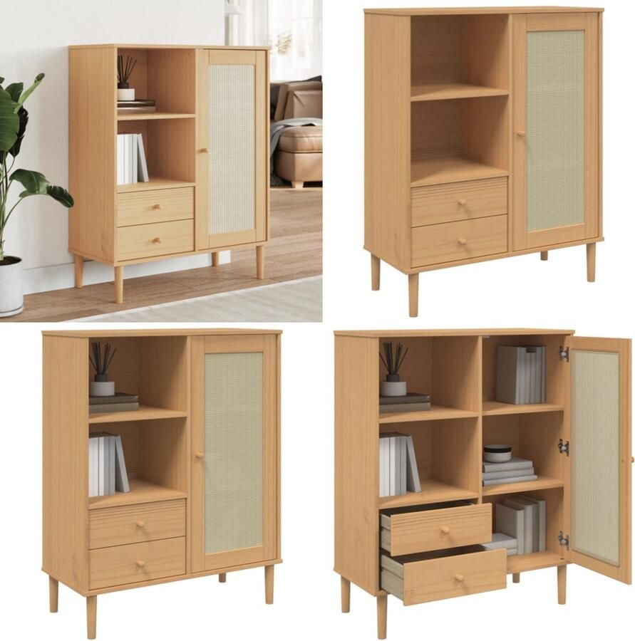 VidaXL Hoge kast SENJA rattan-look 90x40x112 cm grenenhout bruin Hoge Kast Hoge Kasten Houten Kast Opbergkast