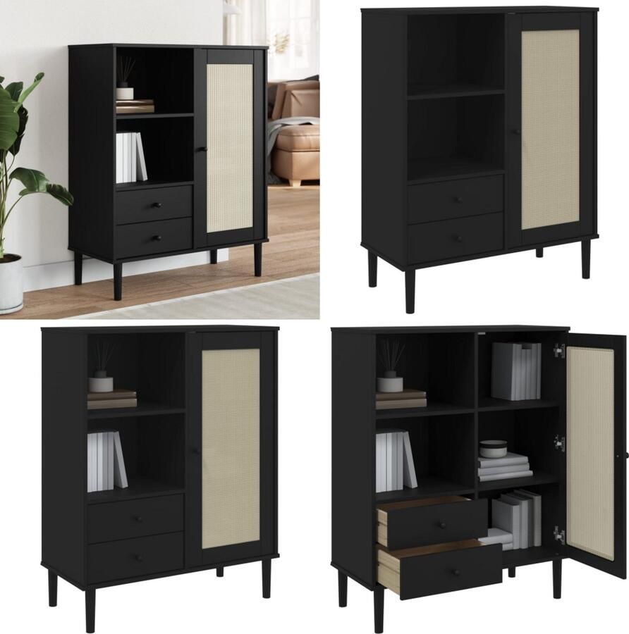 VidaXL Hoge kast SENJA rattan-look 90x40x112 cm grenenhout zwart Hoge Kast Hoge Kasten Houten Kast Opbergkast