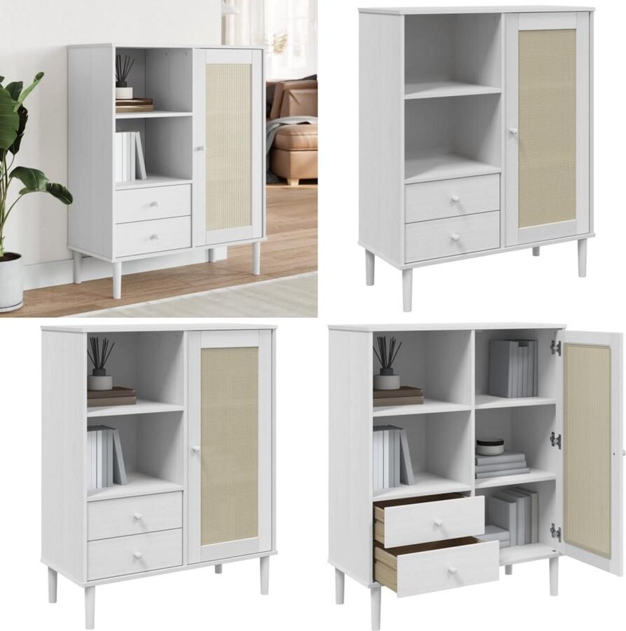 VidaXL Hoge kast SENJA rattan-look 90x40x112 cm massief grenenhout wit Hoge Kast Hoge Kasten Houten Kast Opbergkast