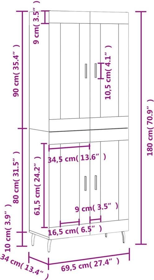 VidaXL Hoge Kast Sonoma Eiken 69 5x34x180 cm Hoge Kast Kasten Salontafel Tv Meubel Opslagoplossing