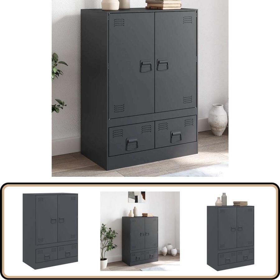 The Living Store Hoge kast 67x39x95 cm staal antracietkleurig Hoge Kast Dressoir Opbergkast Staalkast Antraciet Kleur