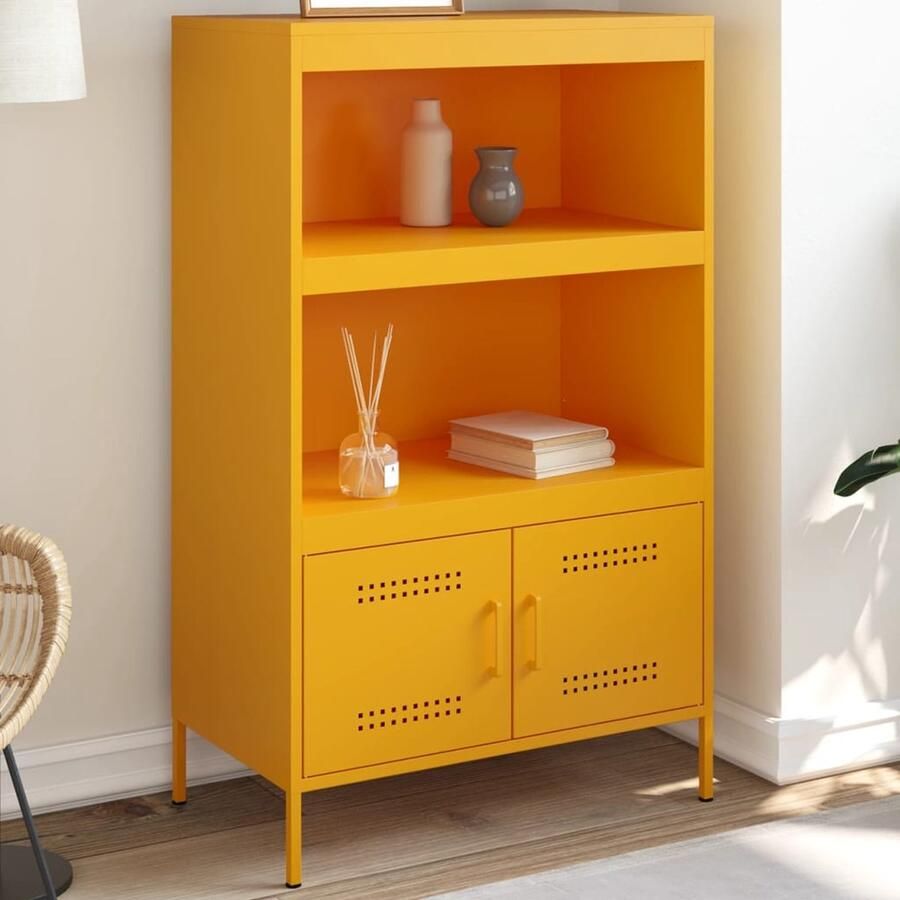 VidaXL Hoge kast Staal Mosterdgeel 68x39x113 cm Hoge Kast Industrieel Design Staalkast Opbergkast Mustard Geel - Foto 2