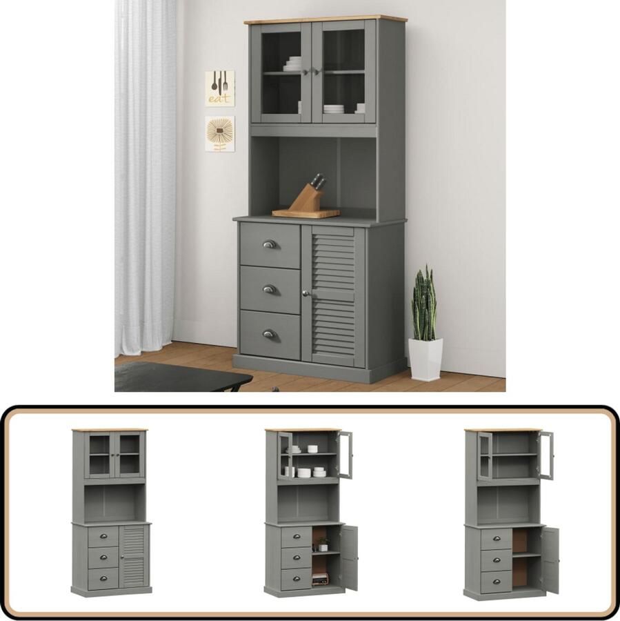 VidaXL Hoge kast VIGO 78x40x175 cm Grijs Grenenhout Hoges Kast Dressoir Buffetkast Grenenhouten Kast Vintage Kast