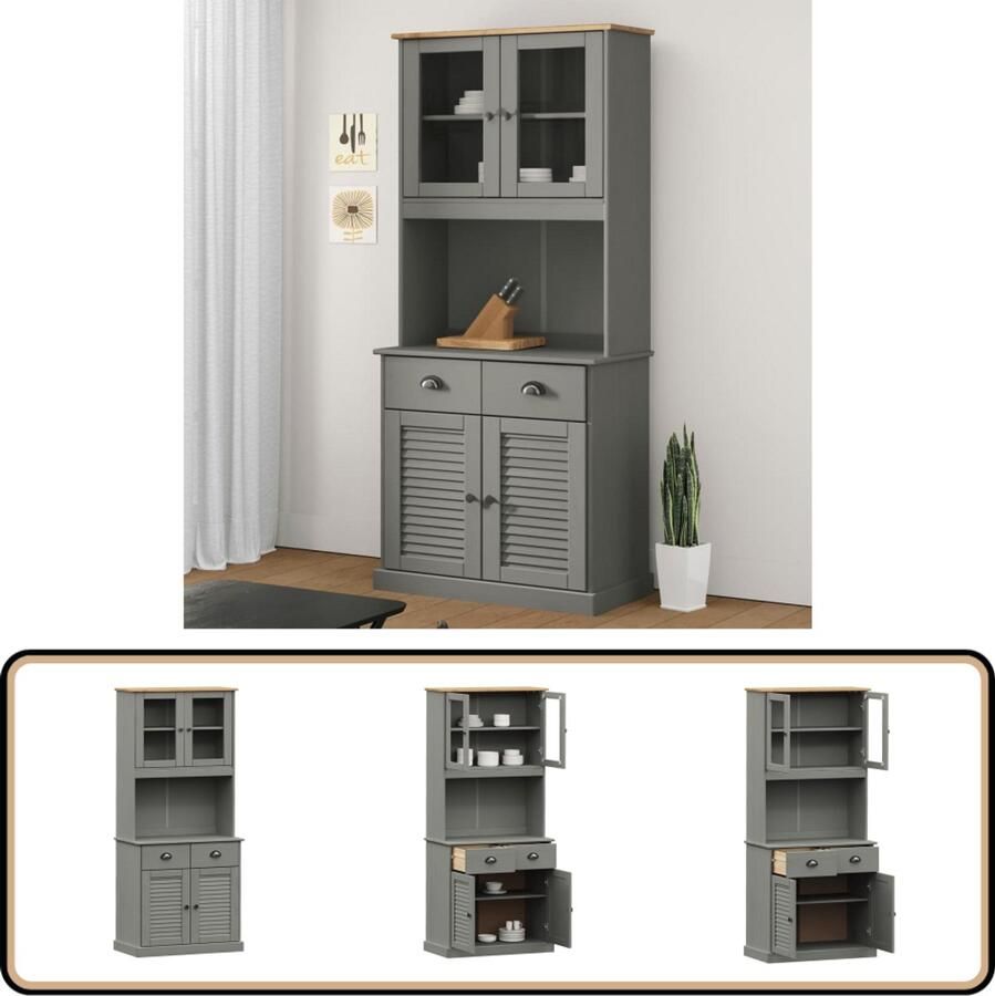 VidaXL Hoge kast VIGO 78x40x175 cm massief grenenhout Hoge Kast Dressoir Buffetkast Massief Grenenhout Grijze Kast - Foto 2