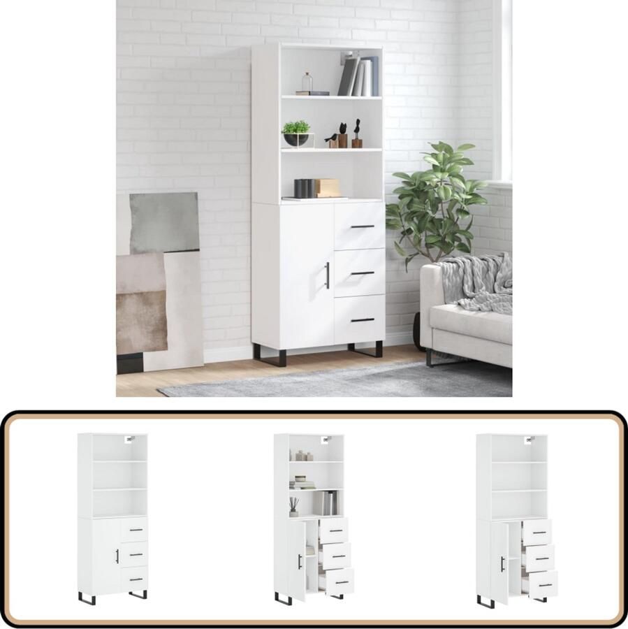 VidaXL Hoge Kast Wit 69 5x34x180 cm Bewerkt Hout Hoge Kast Dressoir Buffetkast Witte Kast Houten Kast - Foto 2