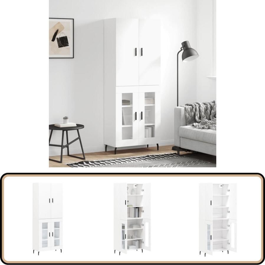 VidaXL Hoge kast Wit 69 5x34x180 cm Bewerkt hout Hoge Kast Houten Kast Witte Kast Vitrinekast Opslagoplossing - Foto 2