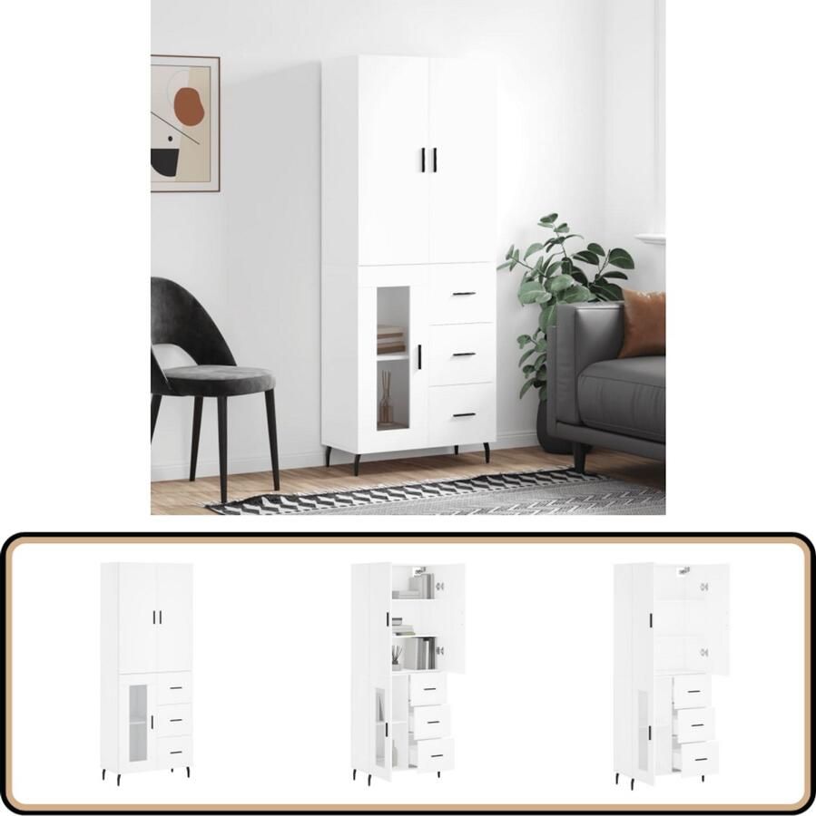 VidaXL Hoge kast Wit 69 5x34x180 cm Bewerkt hout Hoge Kast Witte Kast Opslagoplossing Keukenopslag Woonkamerkasten - Foto 2