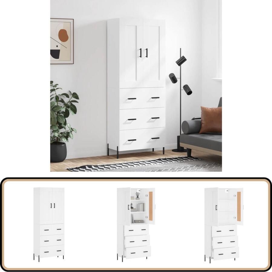 VidaXL Hoge kast Wit 69 5x34x180 cm Hout & Metaal Hoge Kast Houten Kast Witte Kast Opbergkast Woonkamermeubel - Foto 3