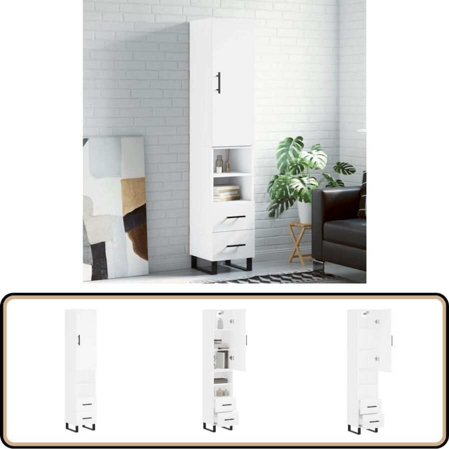 VidaXL Hoge kast Wit Bewerkt hout 34 5x34x180 cm Hoge Kast Witte Kast Houten Kast Opbergkast Dressoir - Foto 2