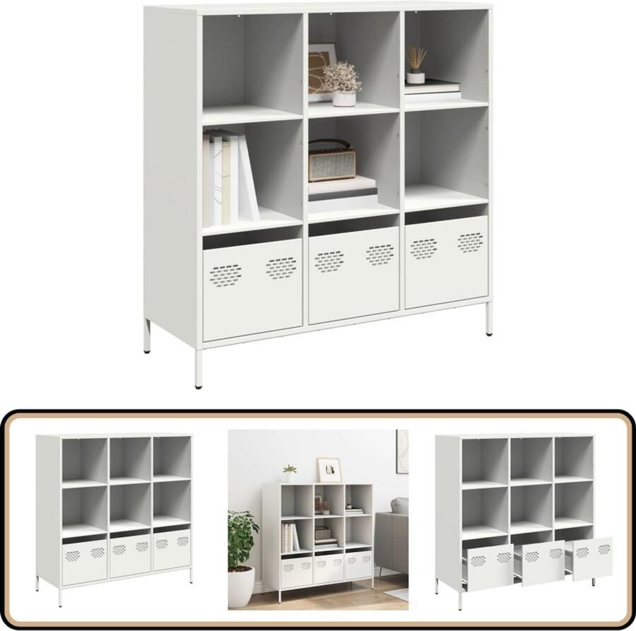 VidaXL Hoge kast Wit Met 6 vakken en 3 lades Hoge Kast Metaalkast Witte Kast Opslagoplossing Boekenkast