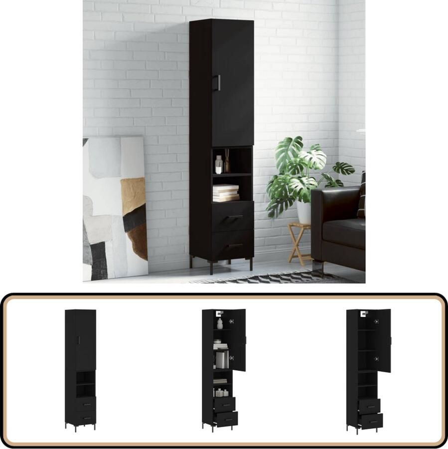 VidaXL Hoge kast Zwart 34 5x34x180 cm Hoge Kast Zwarte Kast Opbergkast Houten Kast Woonkamerkast - Foto 2