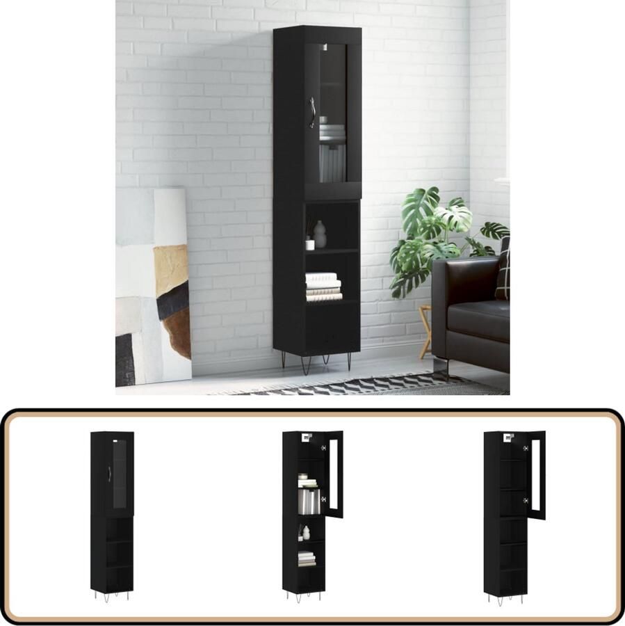 VidaXL Hoge Kast Zwart 34 5x34x180 cm Hout & Metaal Hoge Kast Zwarte Kast Houten Kast Opbergkast Designkast - Foto 2