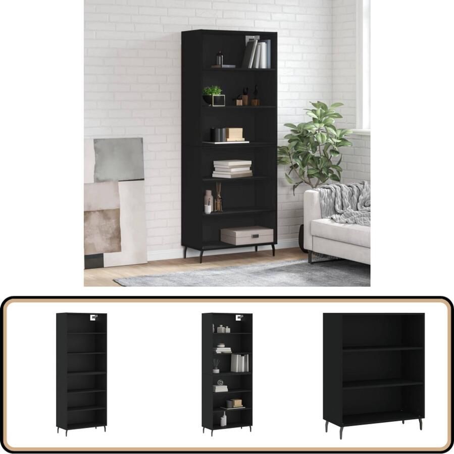 VidaXL Hoge Kast Zwart 69 5x32 5x180 cm Hoge Kast Buffetkast Houten Kast Zwarte Kast Modern Design - Foto 2