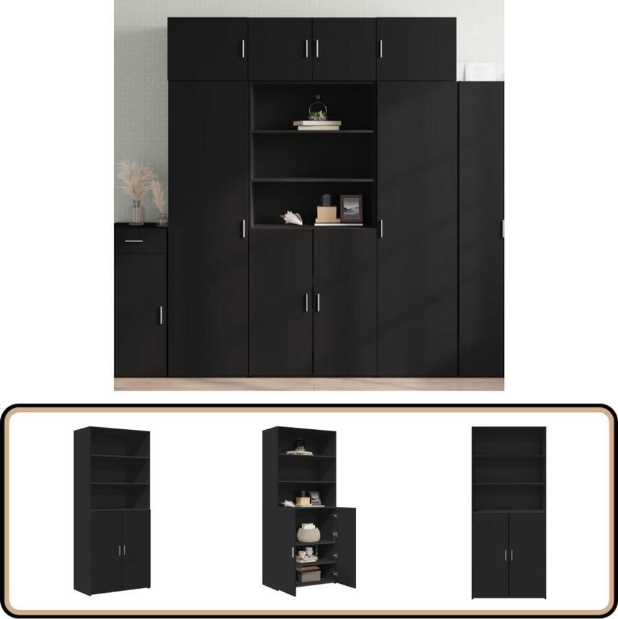 VidaXL Hoge kast Zwart 80x42 5x185 cm Bewerkt hout Hoge Kast Houten Kast Zwarte Kast Opbergkast - Foto 2