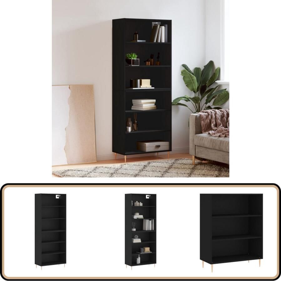 VidaXL Hoge kast Zwart Bewerkt hout 180 cm Hoge Kast Buffetkast Opslagruimte Houten Kast Zwarte Kast - Foto 2