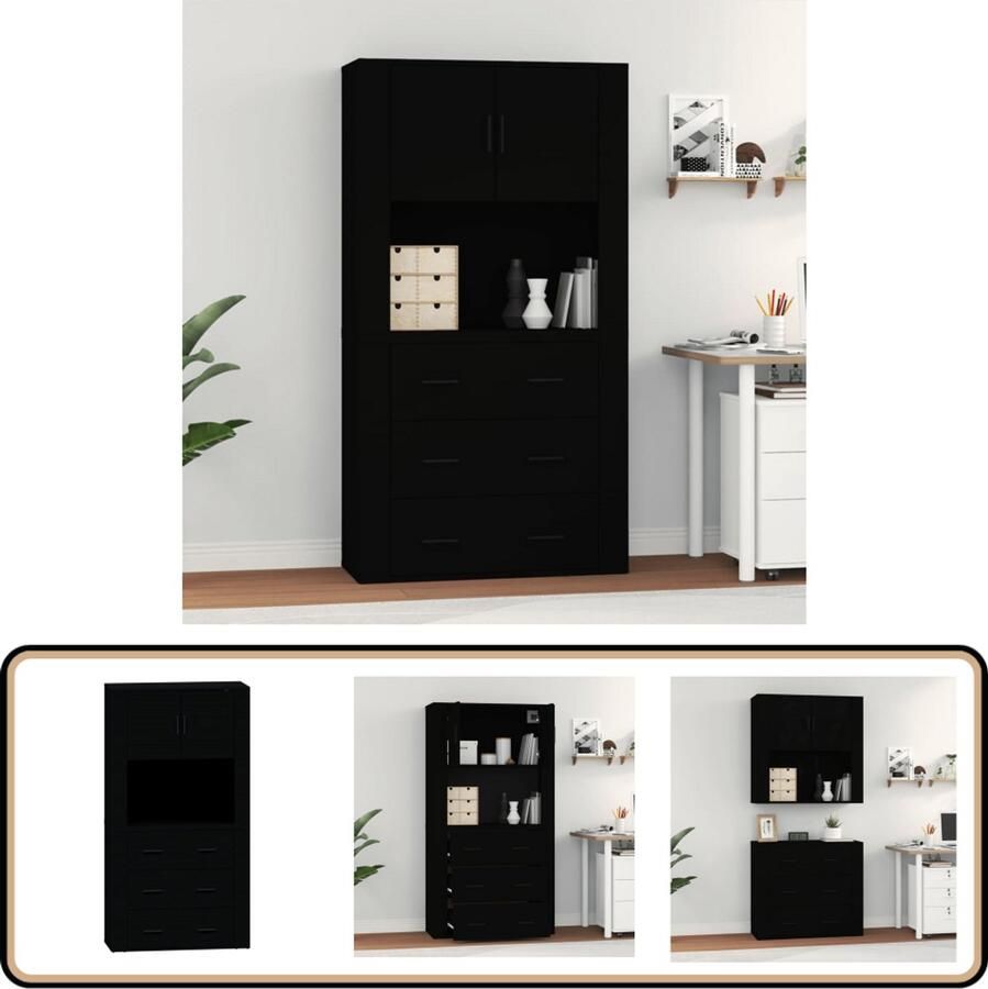 VidaXL Hoge kast Bewerkt hout Zwart Hoge Kast Buffetkast Wandmontage Houten Kast Zwarte Kast - Foto 3