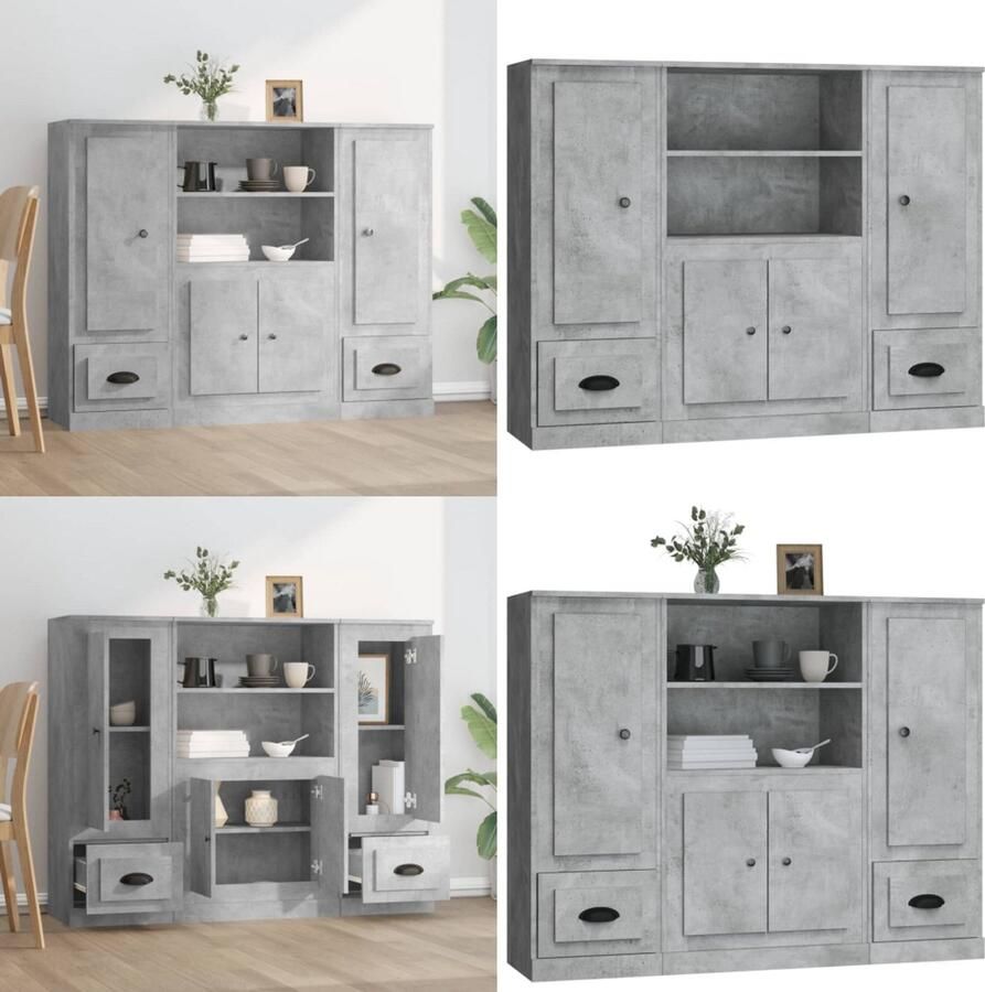 VidaXL Hoge kasten 3 st bewerkt hout betongrijs Hoge Kast Hoge Kasten Dressoir Kast