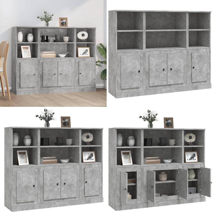 VidaXL Hoge kasten 3 st bewerkt hout betongrijs Hoge Kast Hoge Kasten Kast Opbergkast