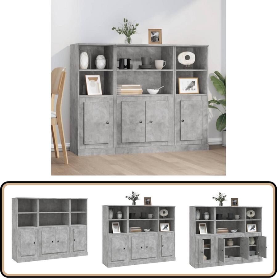 VidaXL Hoge kasten betongrijs set van 3 Hoge Kast Betongrijs Kast Houten Kast Opbergkast Woonkamer Kast - Foto 4