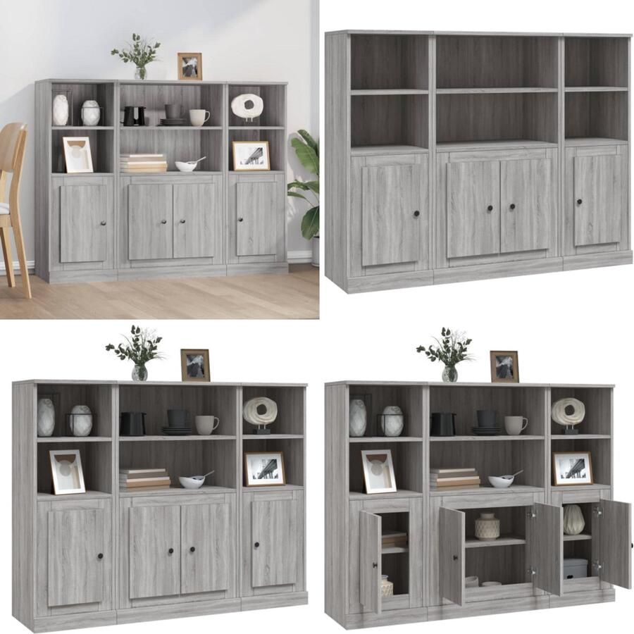 VidaXL Hoge kasten 3 st bewerkt hout grijs sonoma eikenkleurig Hoge Kast Hoge Kasten Kast Opbergkast